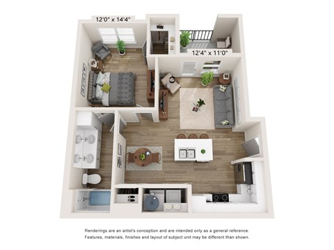 a 3d floor plan of a 1 bedroom apartment